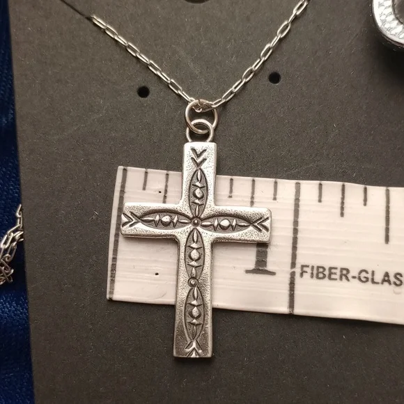 Sterling Silver Stamped Cross Pendant Necklace Signed - Picture 6 of 10